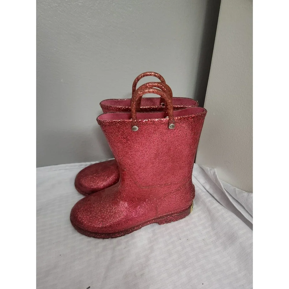 Western Chief Kids Pink Glitter PVC Rain Boots Waterproof Pull On Size 13/1